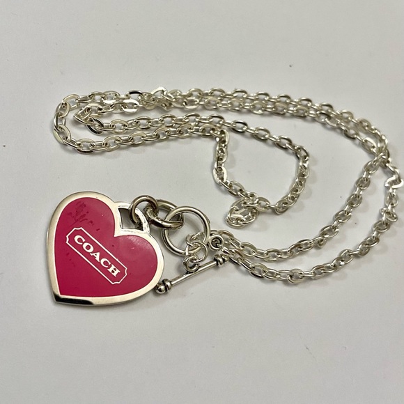 Coach, Shocking Pink Heart Enamel Silver Tone Pendant Necklace - Picture 8 of 9